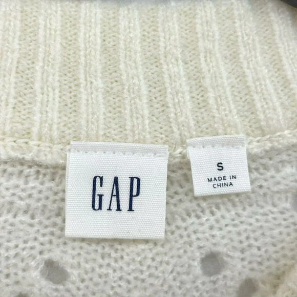 GAP Sweater Women's S Beige Cable-Knit Pointelle Crew Neck Ribbed Balloon Sleeve - Picture 11 of 13